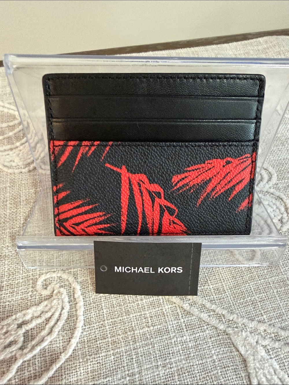 Michael Kors Black Tall Card Case with Coral Leaf Print